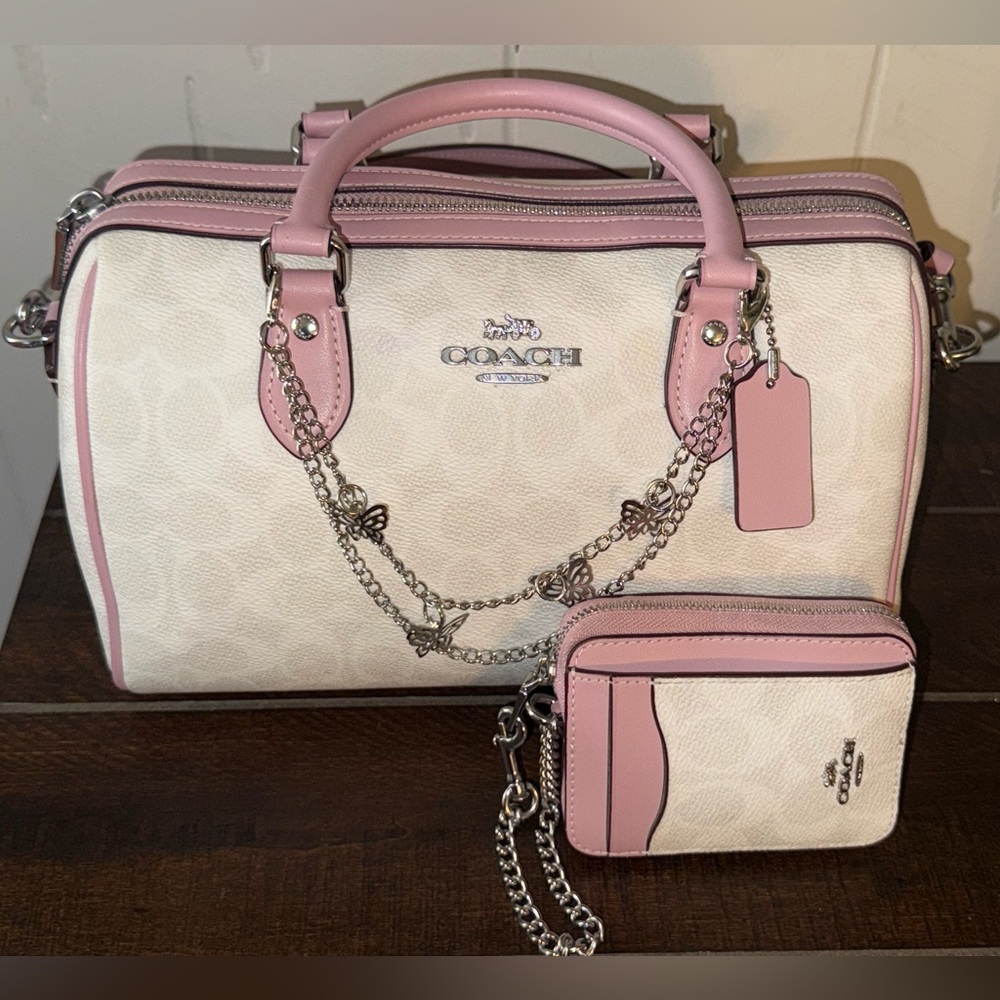 Coach Rowan Satchel and Wallet Set in Silver/Chalk/Carnation